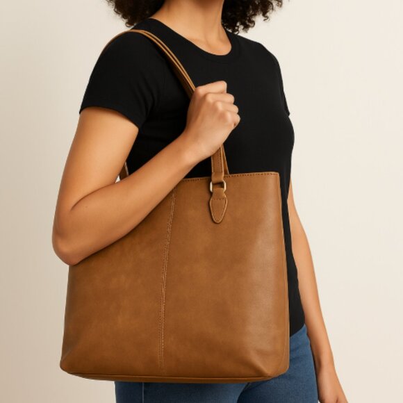 TJ Maxx Women’s Brown Faux Leather Tote Bag with Zipper Closure - Picture 1 of 7